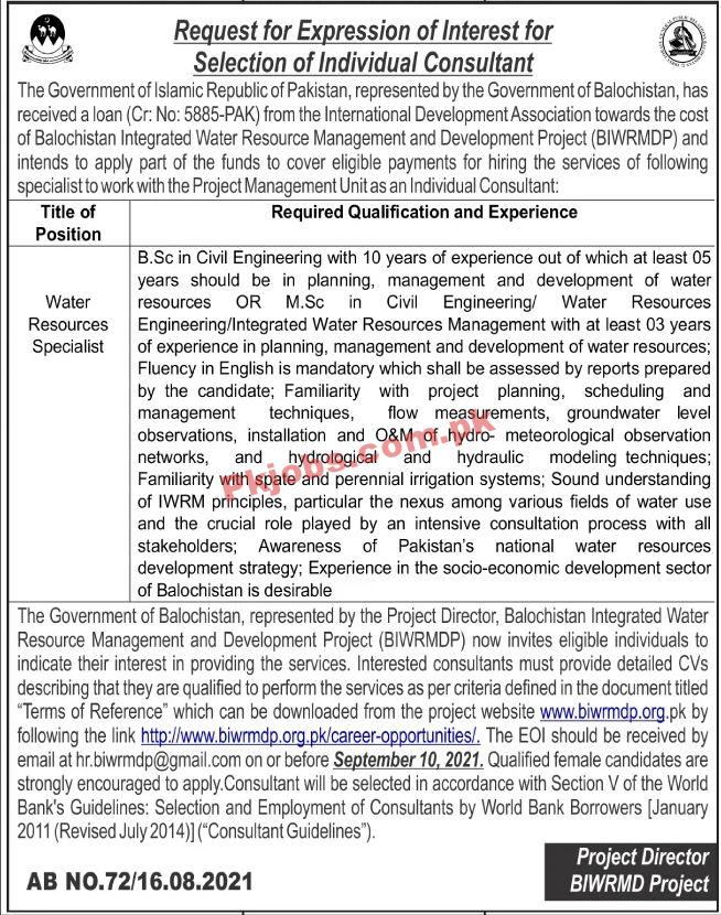 Jobs in Balochistan Integrated Water Resource Management and Development Project BIWRMDP