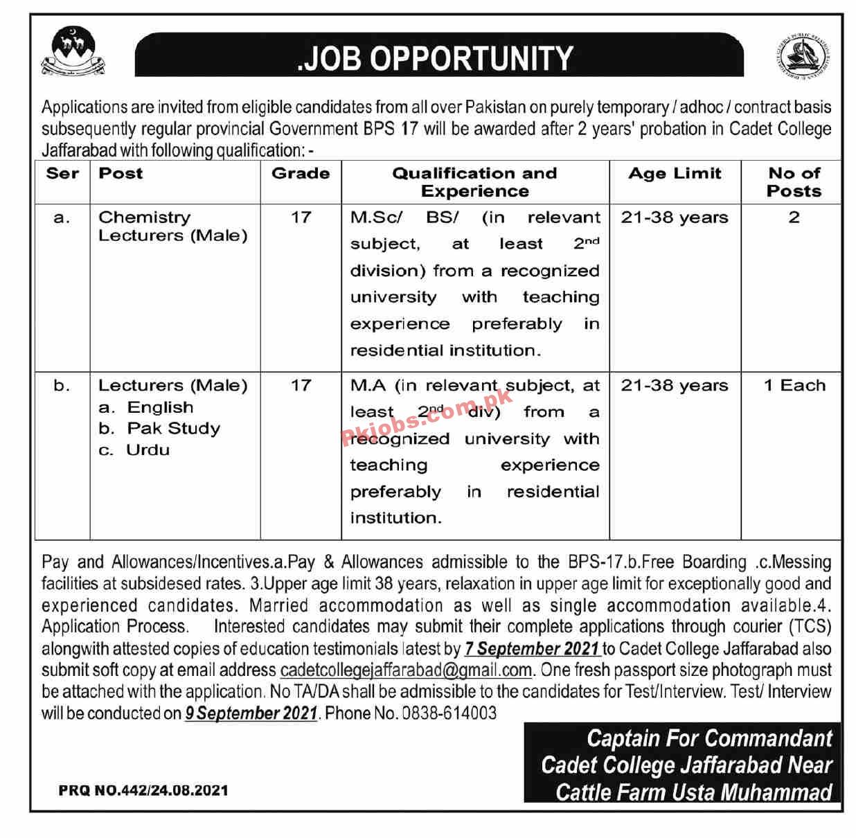 Jobs in Cadet College Jaffarabad