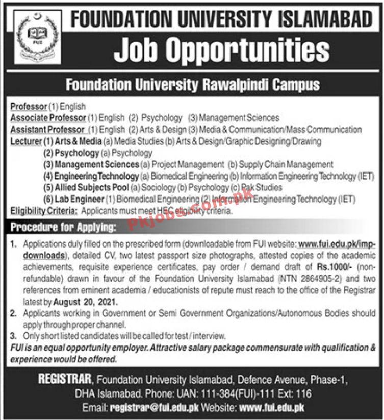 Jobs in Foundation University Islamabad