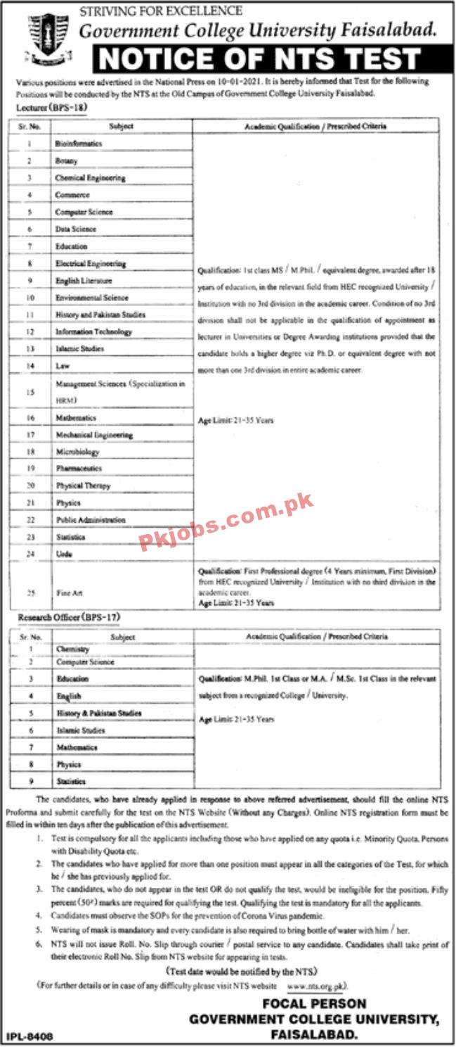 Jobs in Government College University Faisalabad