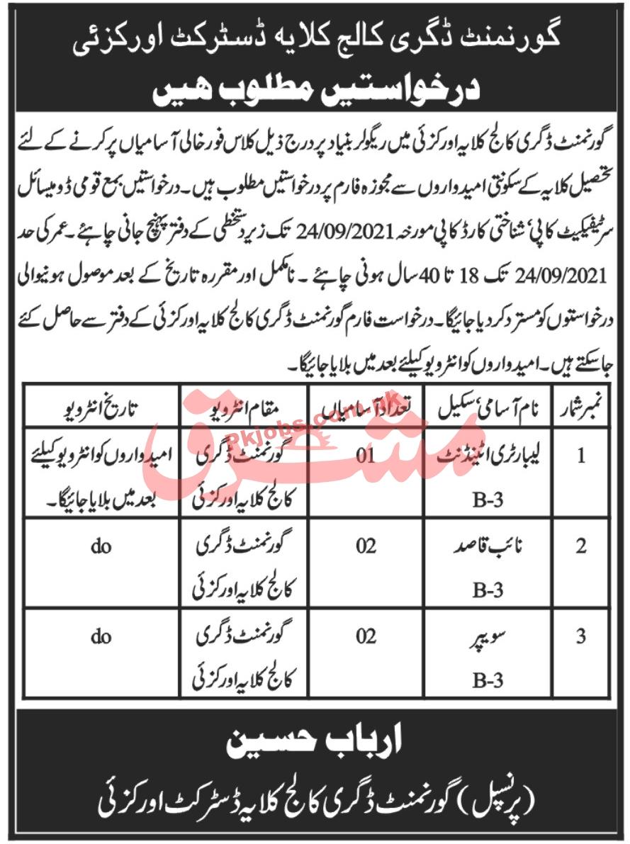 Jobs in Government Degree College Orakzai