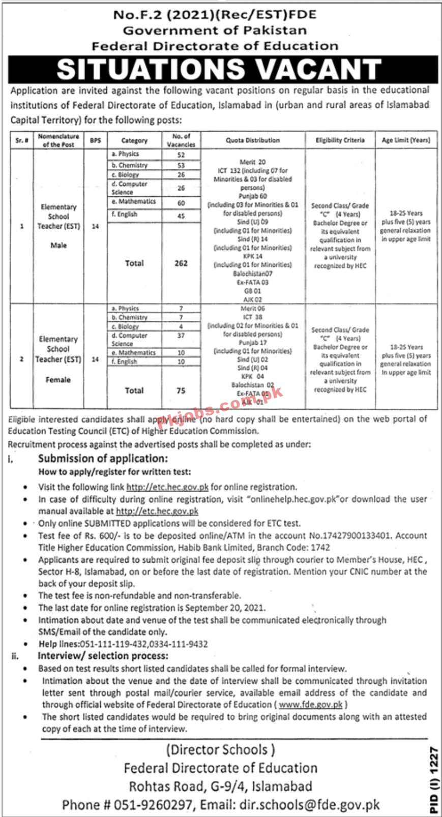 Jobs in Government of Pakistan Federal Directorate of Education