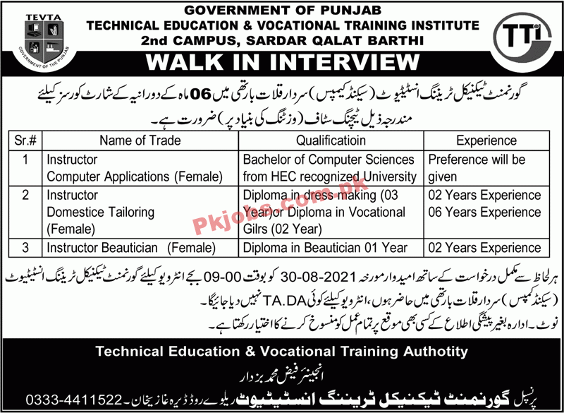 Jobs in Government of Punjab Technical Education & Vocational Training Institute