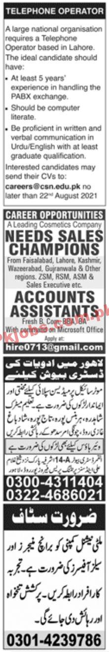 Jobs in Jang Newspaper Lahore Jobs 15 August