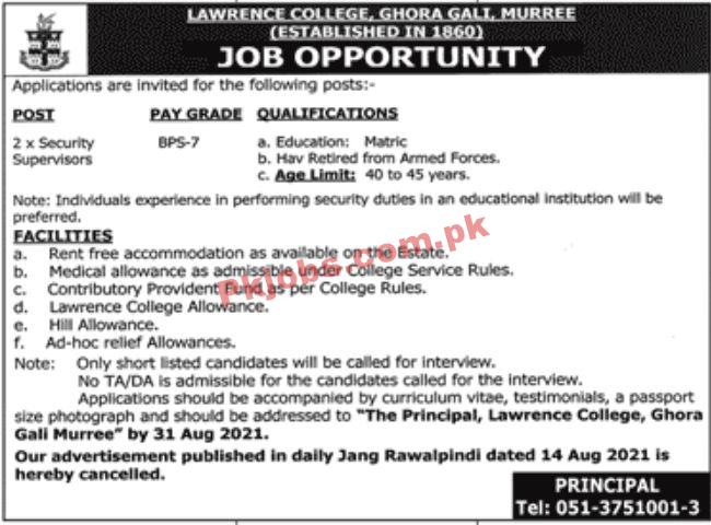 Jobs in Lawrence College Ghora Gali Murree