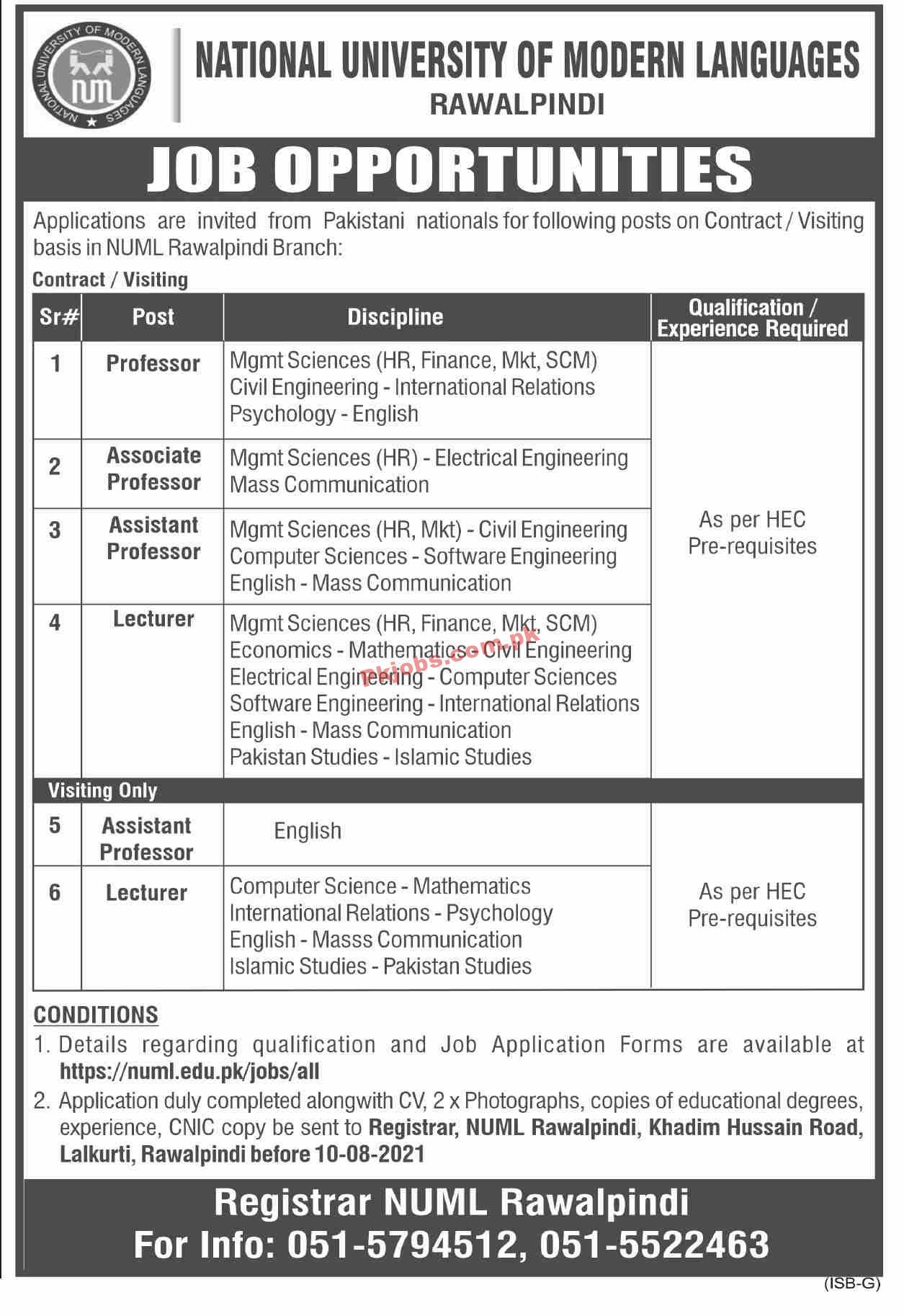 Jobs in NUML National University of Modern Languages