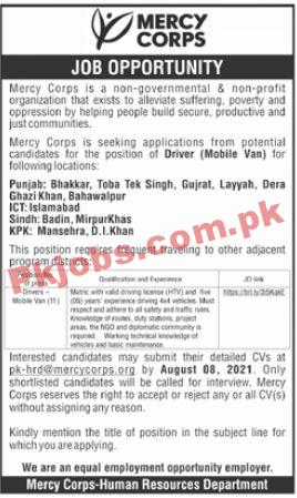 Mercy Corps NGO Announced Management Support Staff PK Jobs 2021