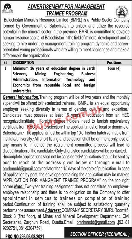 Minerals Resource Limited Management Trainee Officers PK Jobs 2021