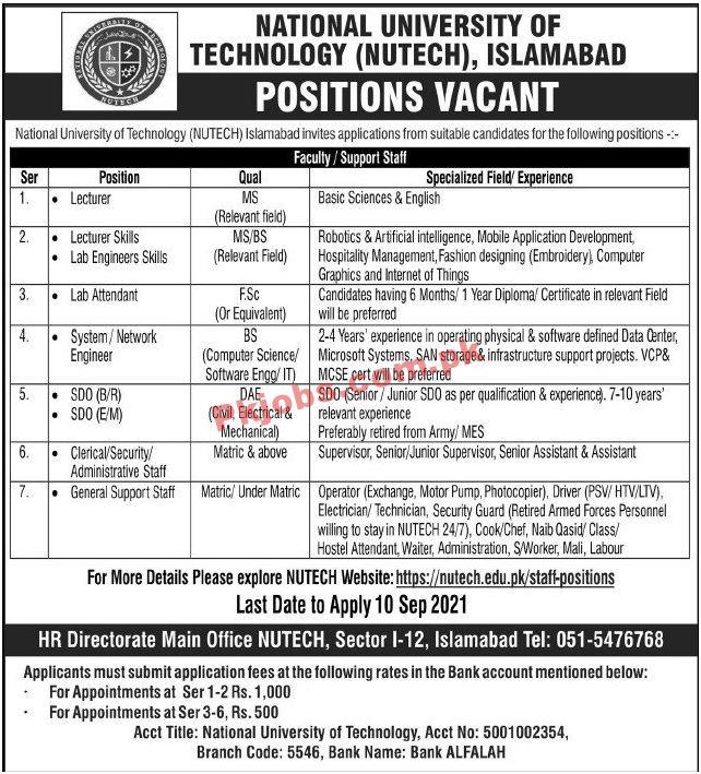 NUTECH PK Jobs 2021 | National University of Technology Announced PK Jobs 2021