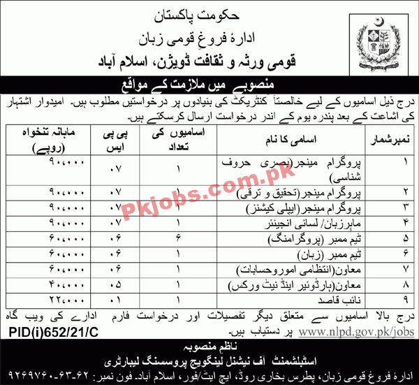 National Heritage & Culture Division Announced Management PK Jobs 2021