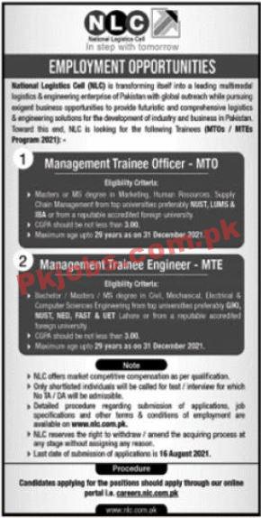 National Logistics Cell (NLC) Management & Engineering PK Jobs 2021