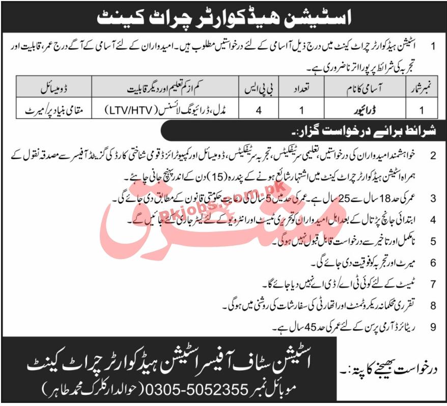 Pakistan Army Station Headquarter Announced Support Staff PK Jobs 2021