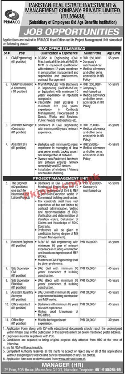 Pakistan Real Estate Investment & Management Company (PRIMACO) Management & Engineering PK Jobs 2021