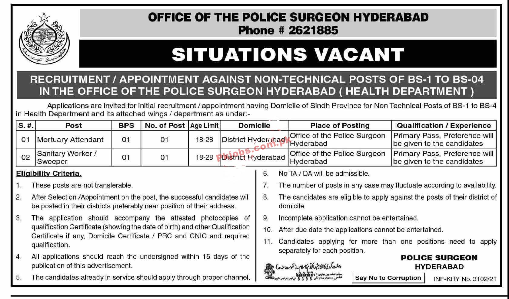 Police Department Announced Civilian Non-Technical PK Jobs 2021