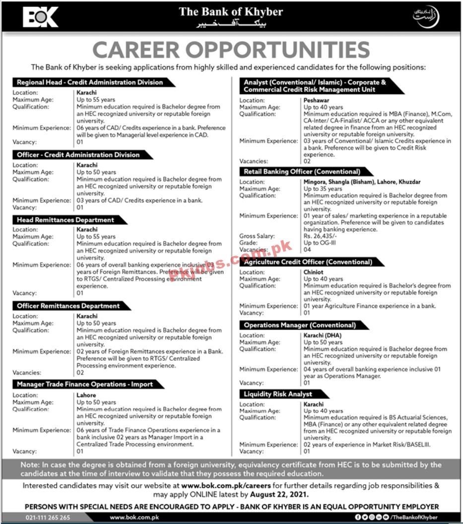 The Bank of Khyber (BOK) Management Staff PK Jobs 2021