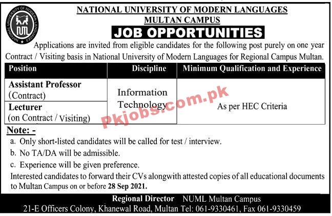 Jobs in National University of Modern Languages Multan