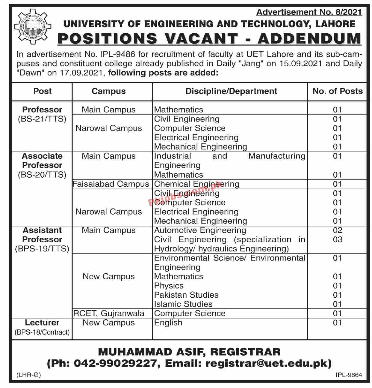 Jobs in University of Engineering and Technology UET Lahore