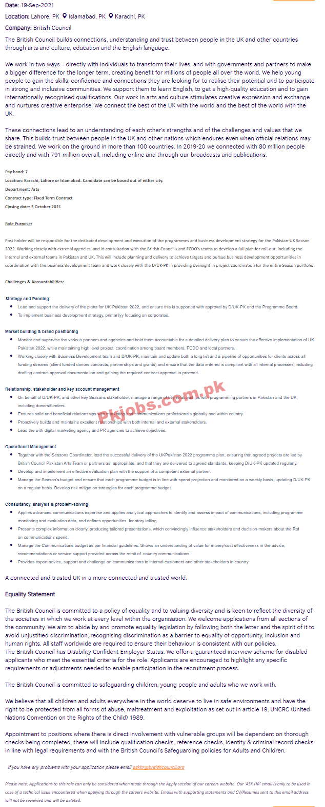 British Council PK Jobs 2021 | British Council Pakistan Announced Latest Management PK Jobs 2021