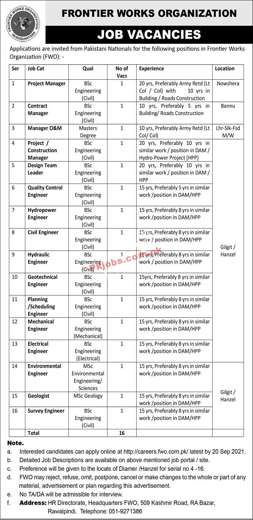 FWO PK Jobs 2021 | Frontier Works Organization Announced Management & Engineering PK Jobs 2021