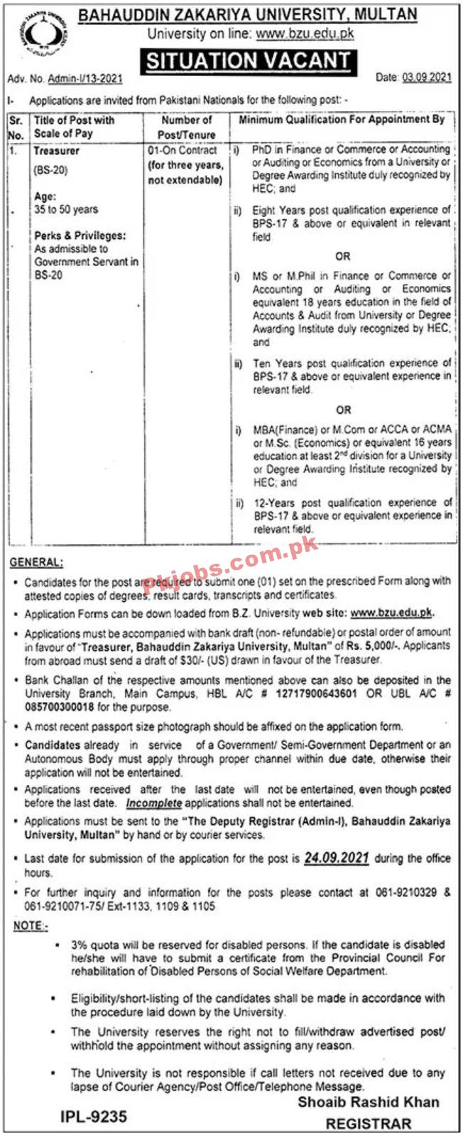 Jobs in Bahauddin Zakariya University Multan