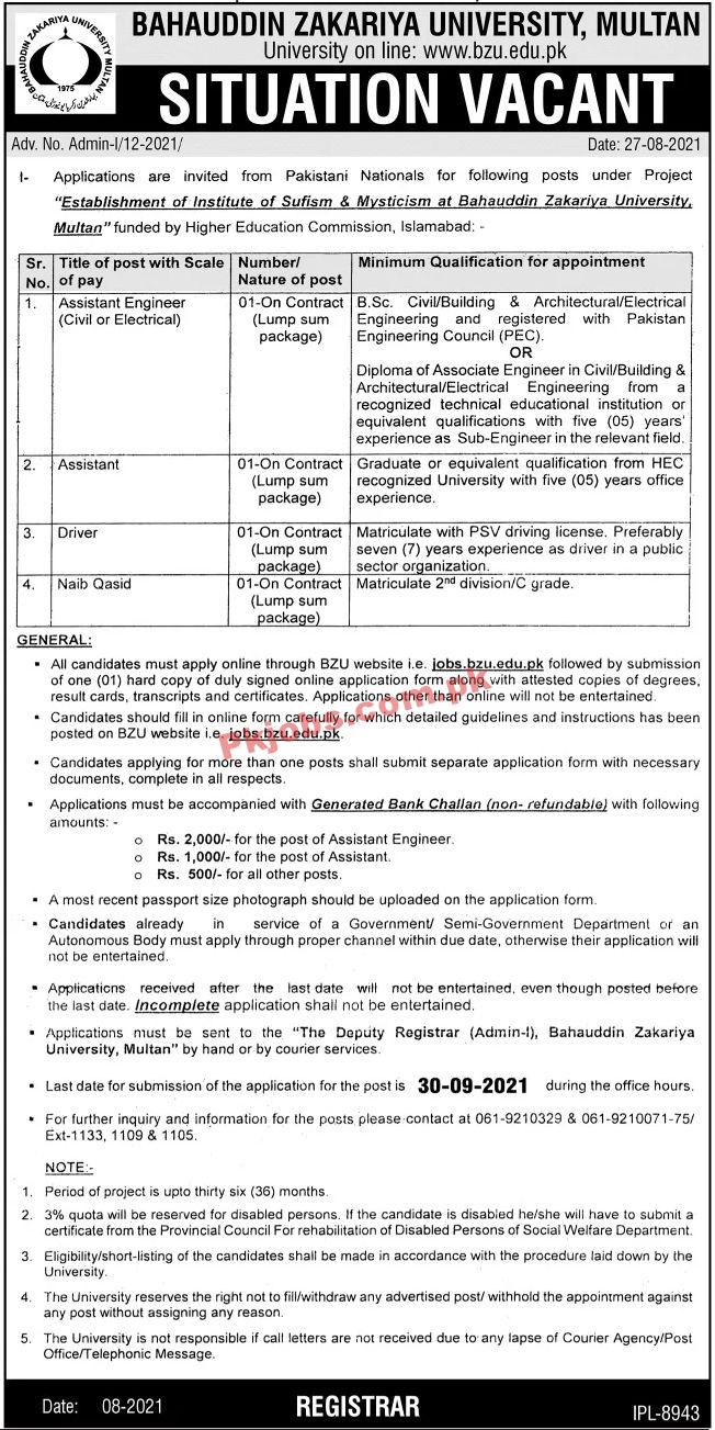 Jobs in Bahaudin Zakariya University BZU Multan