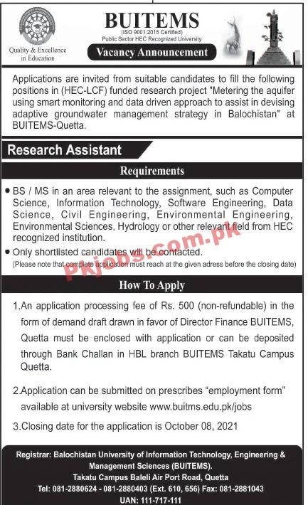 Jobs in Balochistan University of Information Technology, Engineering & Management Sciences BUITEMS