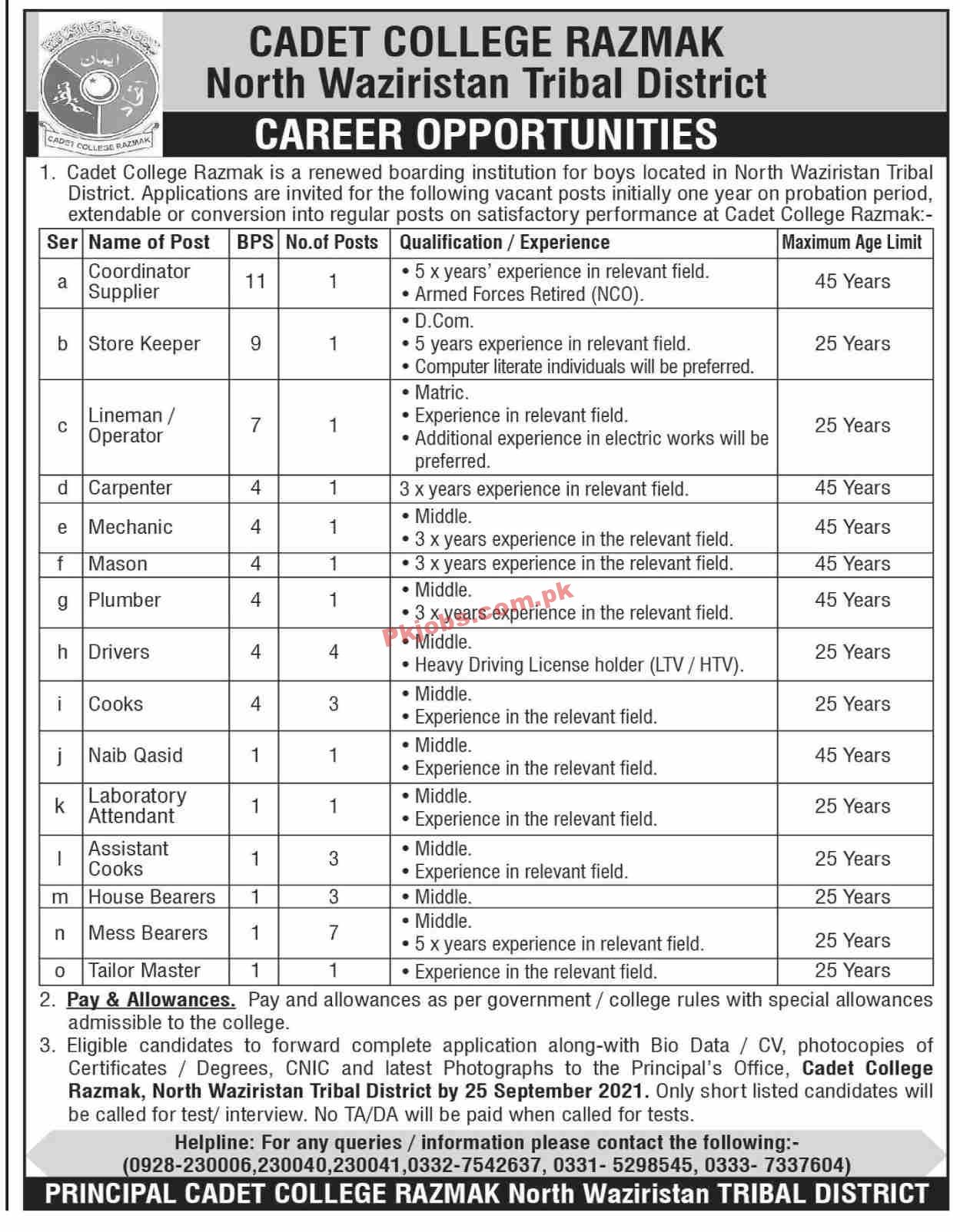 Jobs in Cadet College Razmak