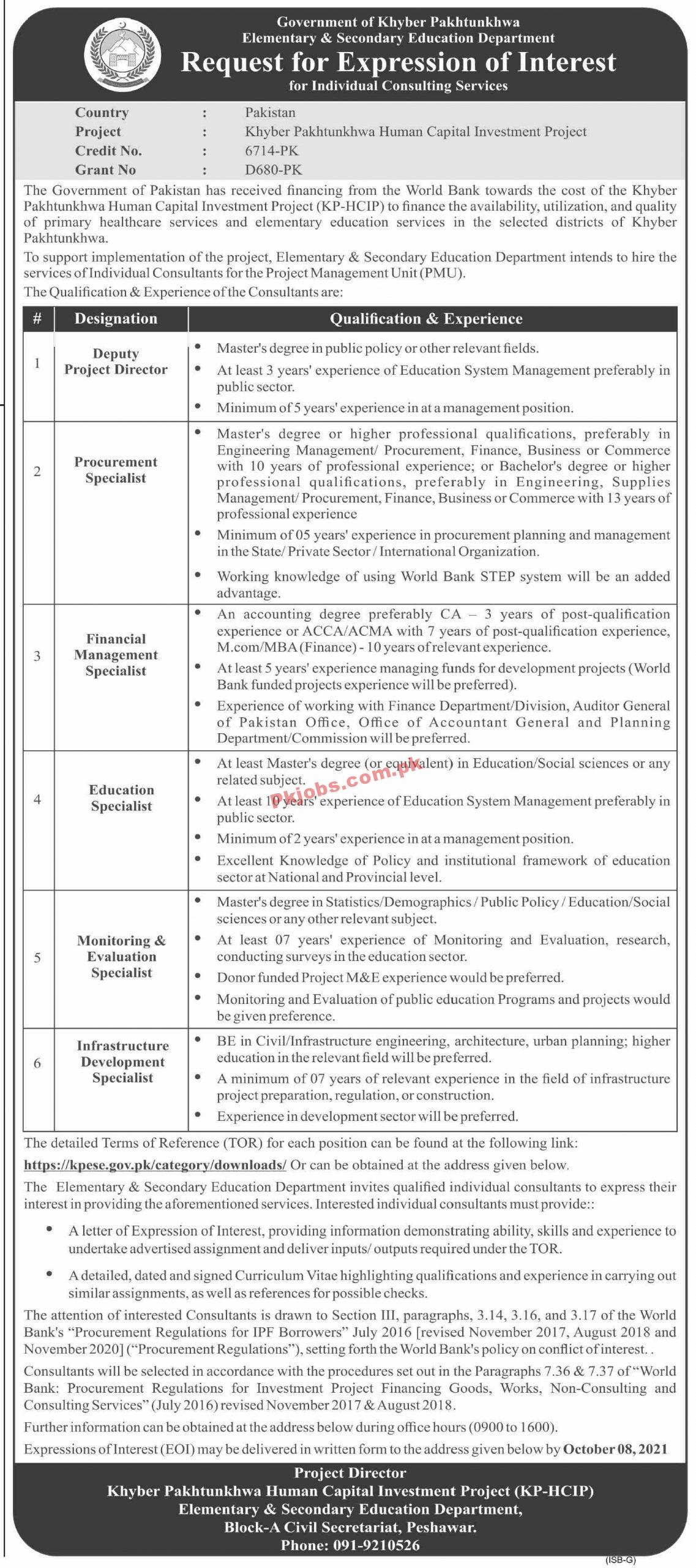 Jobs in Government of Khyber Pakhtunkhwa Elementary & Secondary Education Department