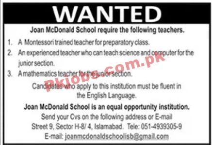 Jobs in Joan McDonald School Islamabad