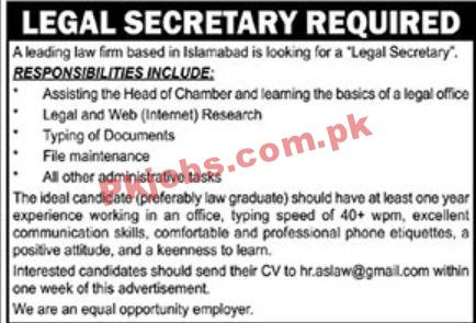 Jobs in Leading Law Firm Islamabad