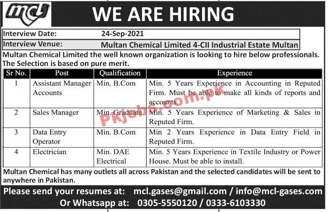 Jobs in Multan Chemical Limited MCL