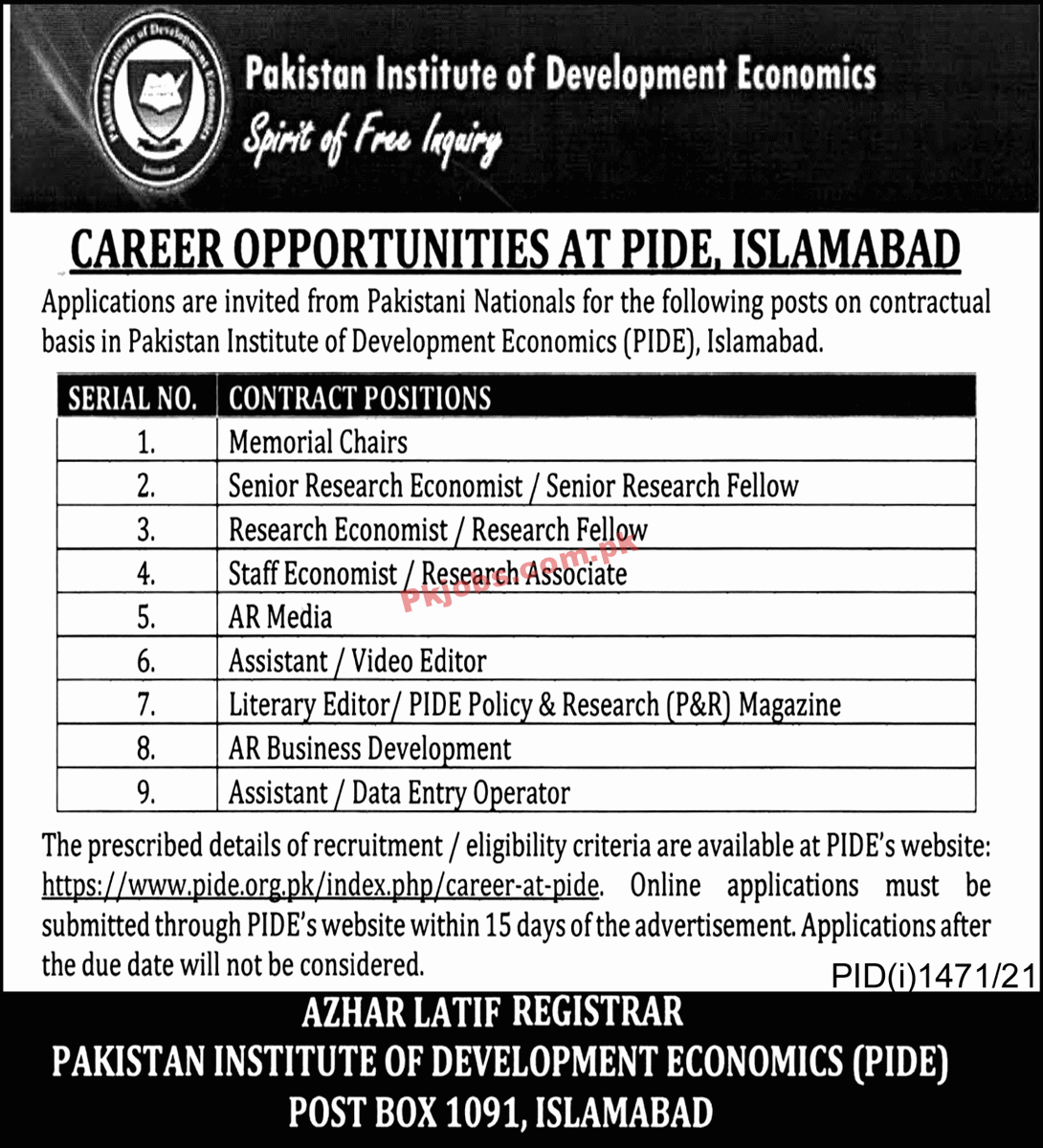 Jobs in Pakistan Institute of Development Economics PIDE