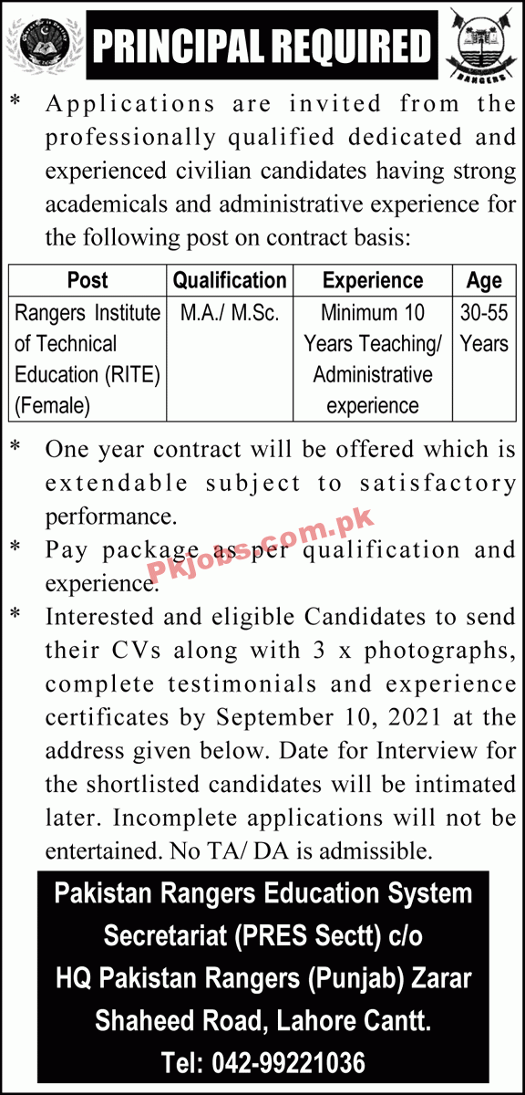 Jobs in Pakistan Rangers Education System Lahore Cantt