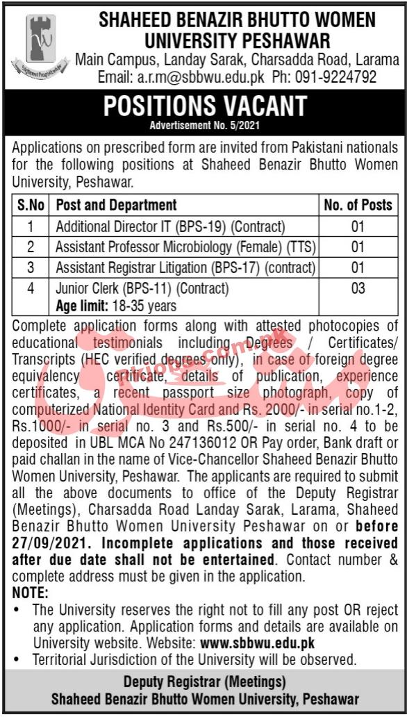 Jobs in Shaheed Benazir Bhutto Women University Peshawar