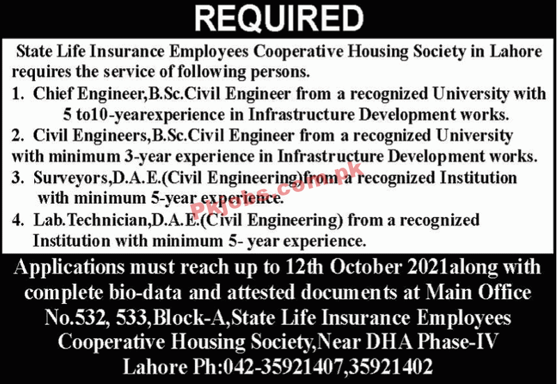 Jobs in State Life Insurance Employees Cooperative Housing Society Lahore