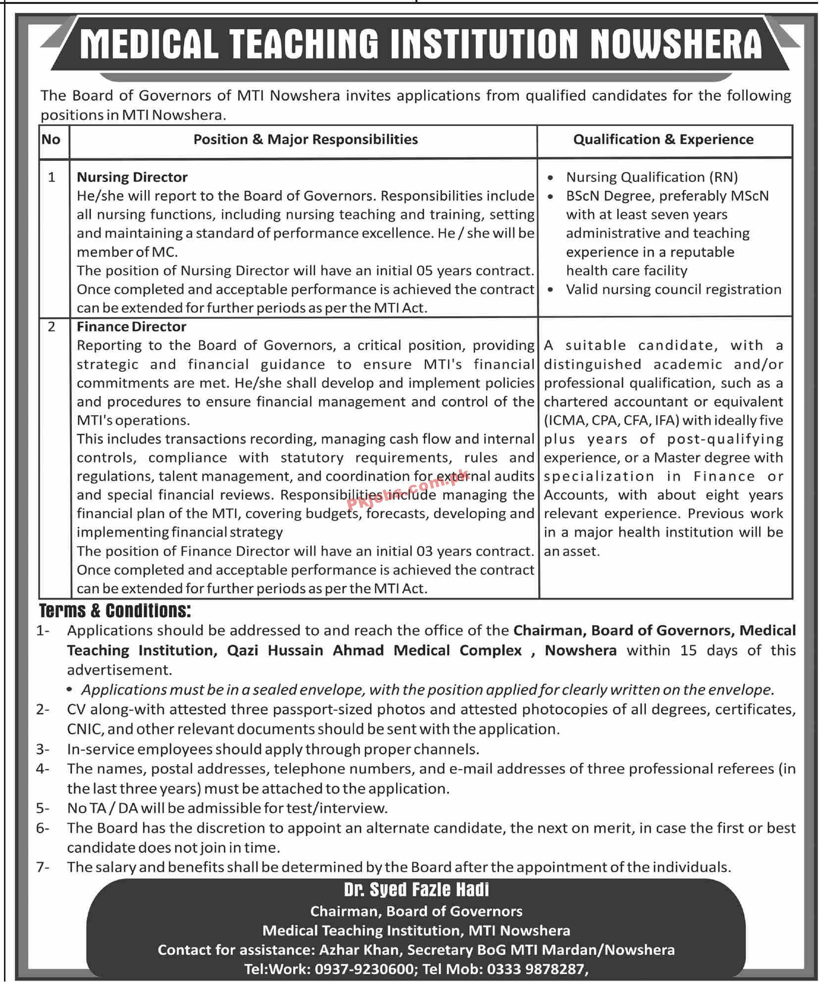 Jobs in The Board of Governors of MTI Nowshera