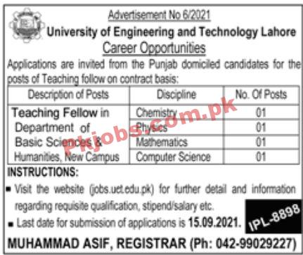 Jobs in University of Engineering and Technology UET Lahore