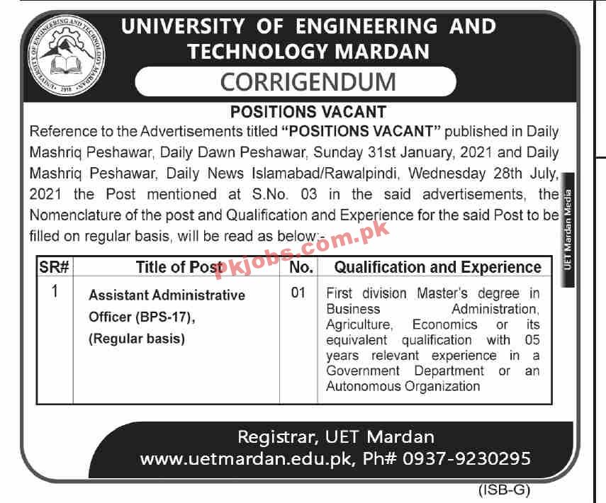 Jobs in University of Engineering and Technology UET Mardan