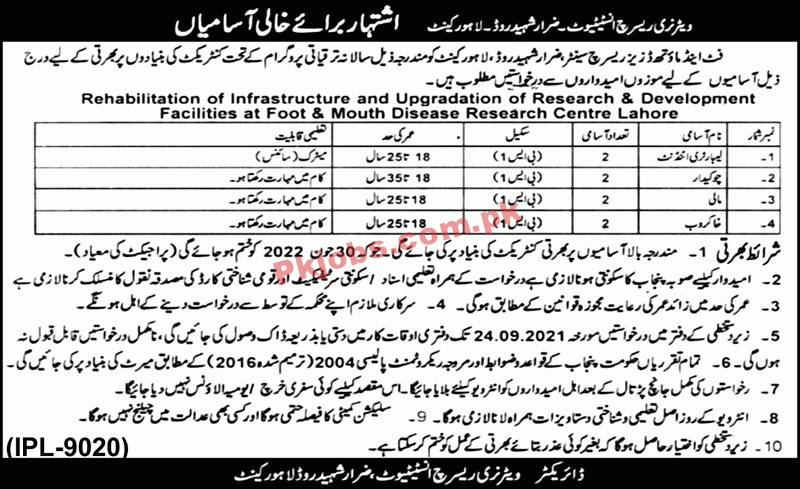 Jobs in Veterinary Research Institute Lahore