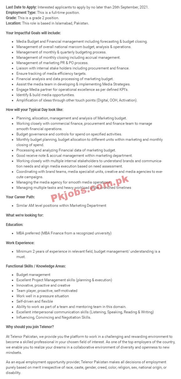 Telenor PK Jobs 2021 | Telenor Pakistan Company Headquarters Announced Management PK Jobs 2021