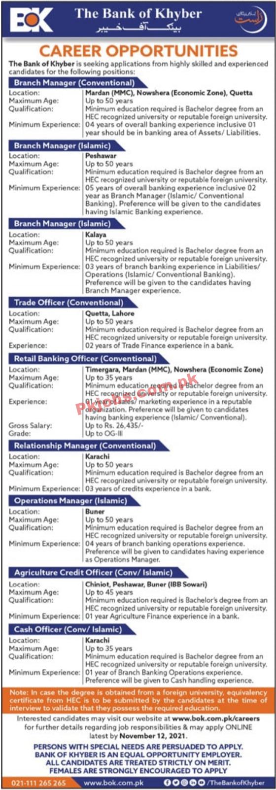 BOK PK Jobs 2021 | The Bank of Khyber Headquarters Announced Management PK Jobs 2021