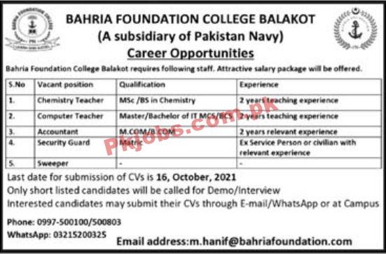 Bahria Foundation PK Jobs 2021 | Pakistan Navy Bahria Foundation Announced Management & Teaching PK Jobs 2021