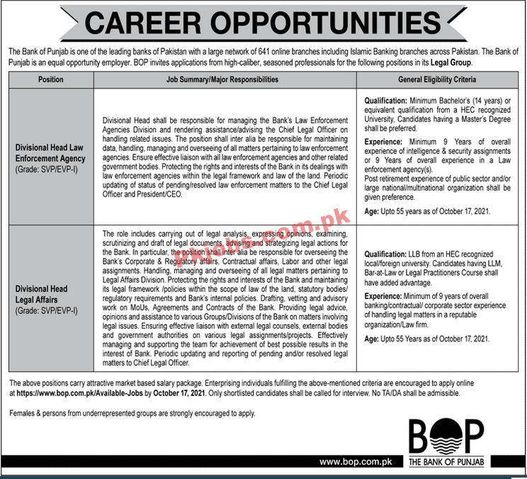 BoP PK Jobs 2021 | The Bank of Punjab Headquarters Announced Management PK Jobs 2021