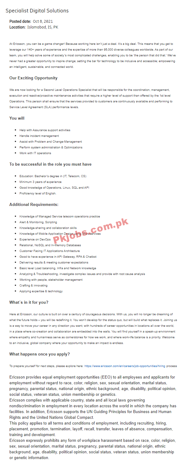 Ericsson PK Jobs 2021 | Ericsson Company Headquarters Announced Management & Engineering PK Jobs 2021