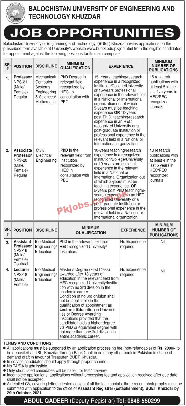 Jobs in Balochistan University of Engineering and Technology Khuzdar