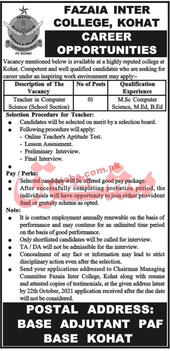 Jobs in Fazaia Inter College Kohat