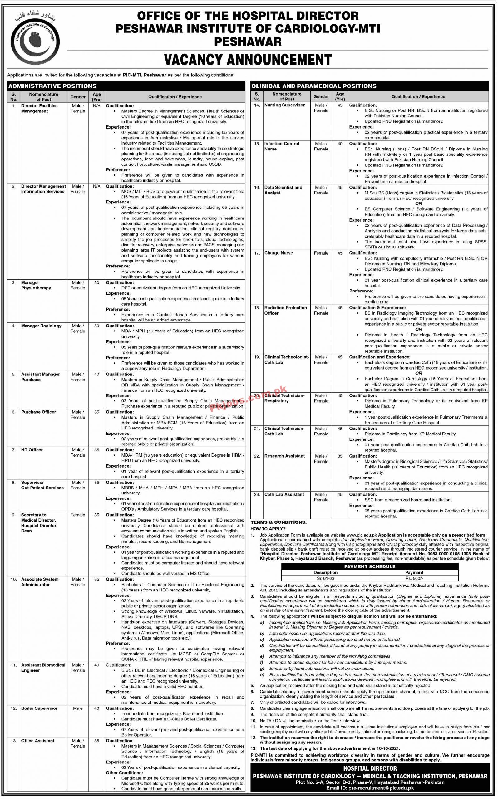 Jobs in Peshawar Institute of Cardiology MTI Peshawar