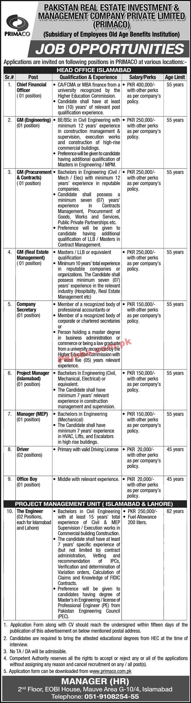 PRIMACO PK Jobs 2021 | Pakistan Real Estate Investment & Management Company Announced Latest Advertisement PK Jobs 2021