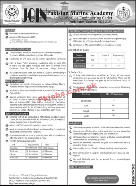 Pakistan Navy PK Jobs 2021 | Pakistan Navy Marine Academy Announced Latest Batch Advertisement 2021