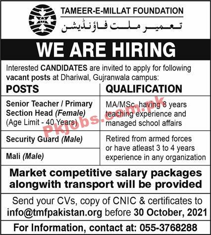 Tameer e Millat Foundation NGO Head Office Announced Management & Teaching PK Jobs 2021